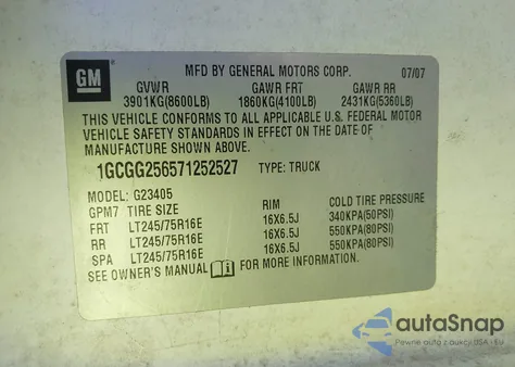 2007 Chevrolet Express Work Van z USA, uszkodzony, nr VIN 1GCGG256571252527